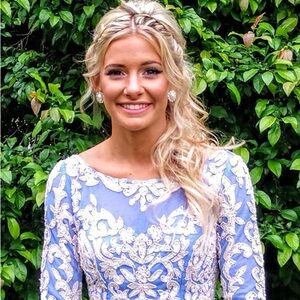 Sherri Hill Periwinkle and White Long Sleeve Dress